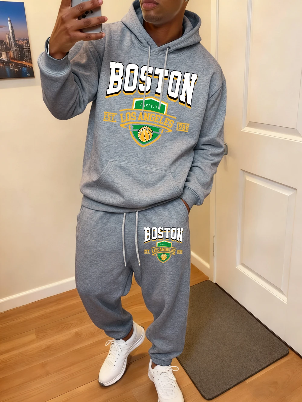 

Комплект из 2 предметов с капюшоном, мужские спортивные штаны с принтом Boston Positive Basketball, спортивные свободные спортивные штаны с карманами для бега, осенняя флисовая одежда