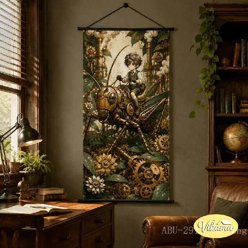 VIKAMA Steampunk Boy Tapestry Mechanical Locust Gear Chimney Flower Goggles Anime Art Polyester Wall Hanging Bedroom Dorm Decor