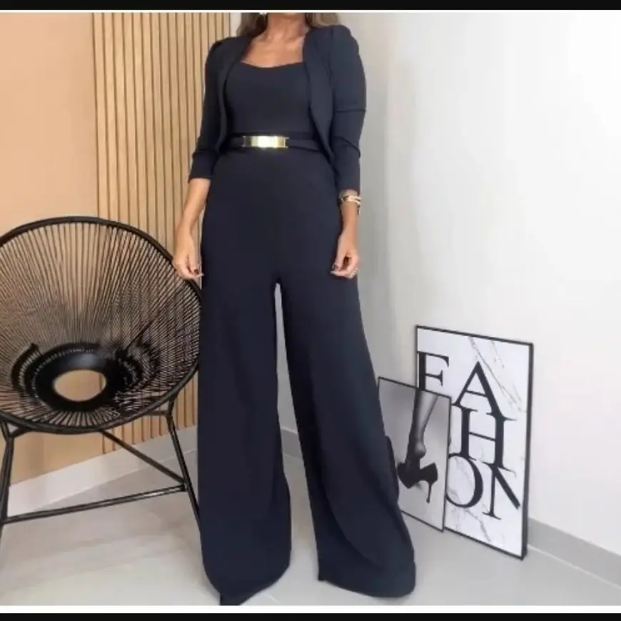 

2 Pieces Women Suit Metal Decor Square Neck Sleeveless Zipper Back Cinched Waist Wide Leg Jumpsuit & Crop Cardigan Set Fall 2025