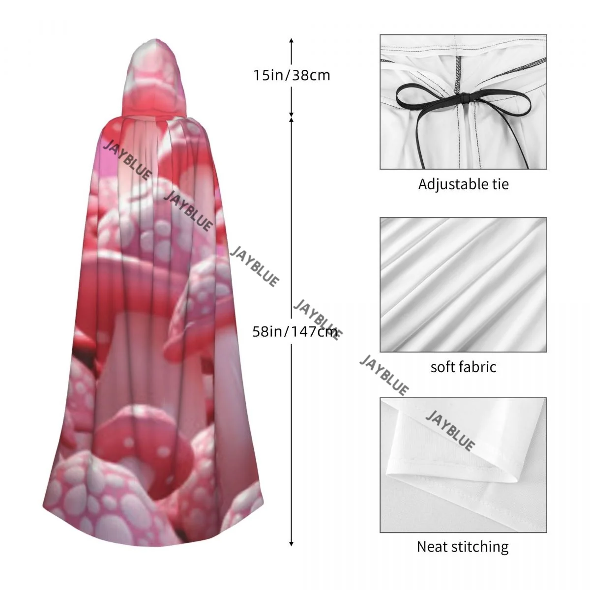 Mushrooms In Pink And White Colors Hooded Cloak Polyester Unisex Witch Cape Costume Accessory view 5