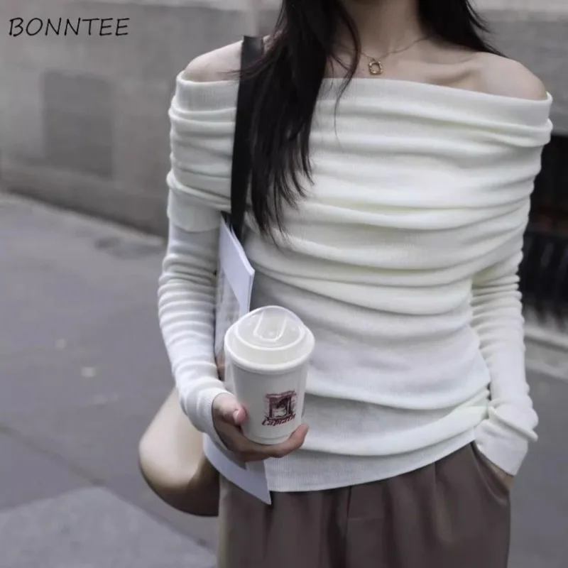 

Pullovers Women Solid Slash Neck Off-shoulder Design Inner Comfortable Sweet Spicy Girls Autumn Winter Casual Korean Fashion
