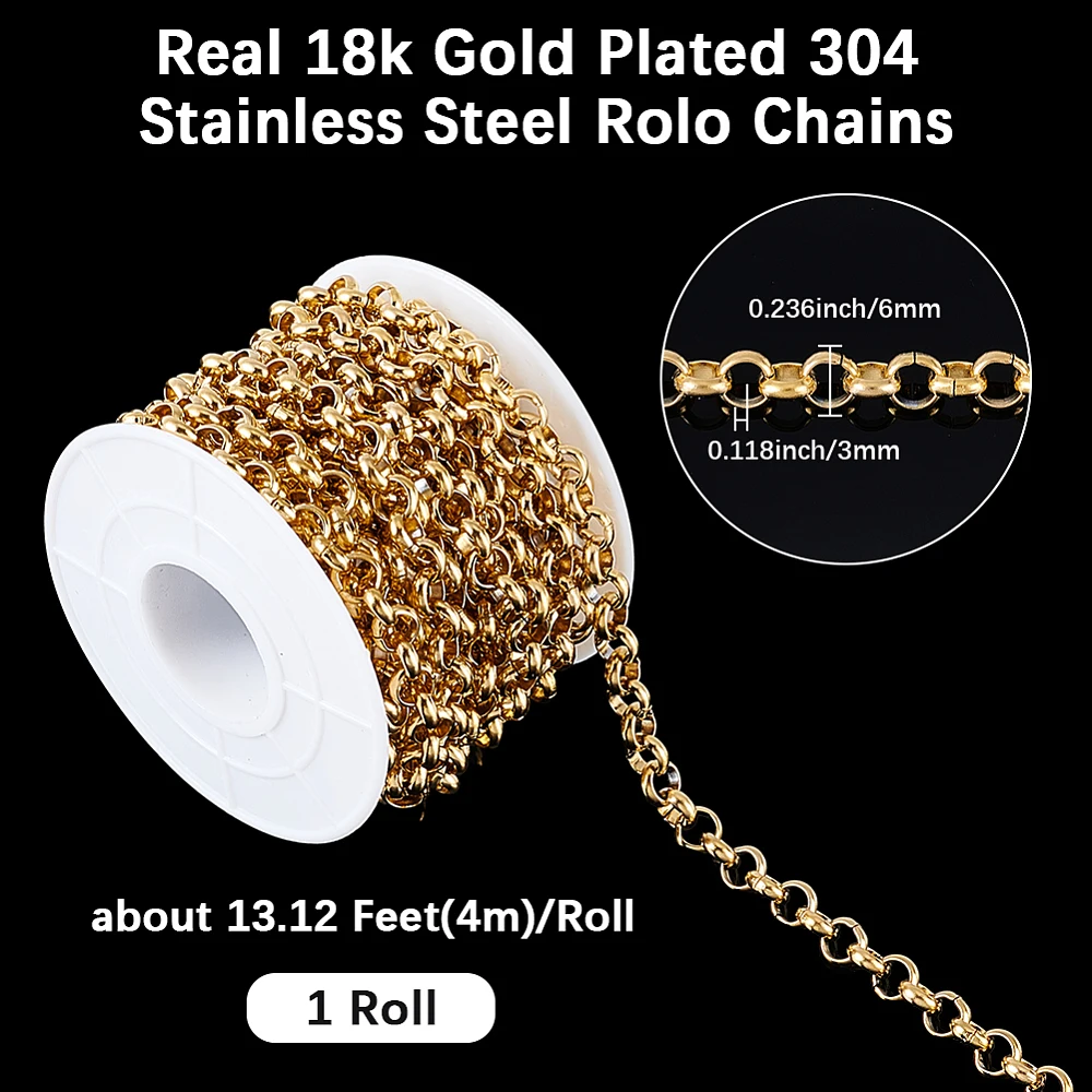 1 Roll Stainless Steel Rolo Chains Unwelded with Spool Golden 4m/roll Cable Round Link For DIY Bracelet Necklace Jewelry Making