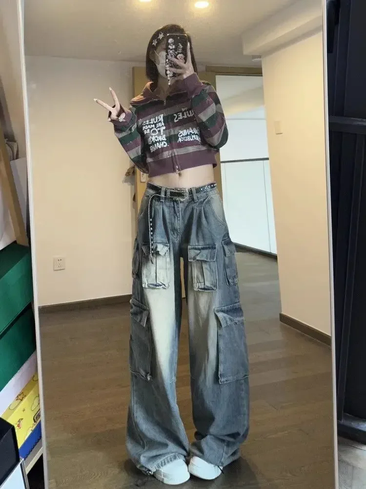 HOUZHOU Y2k Low Waist Cargo Jeans Women Vintage High Street Baggy Denim Pants with Pockets Female Wide Grunge Baddie Streetwaer