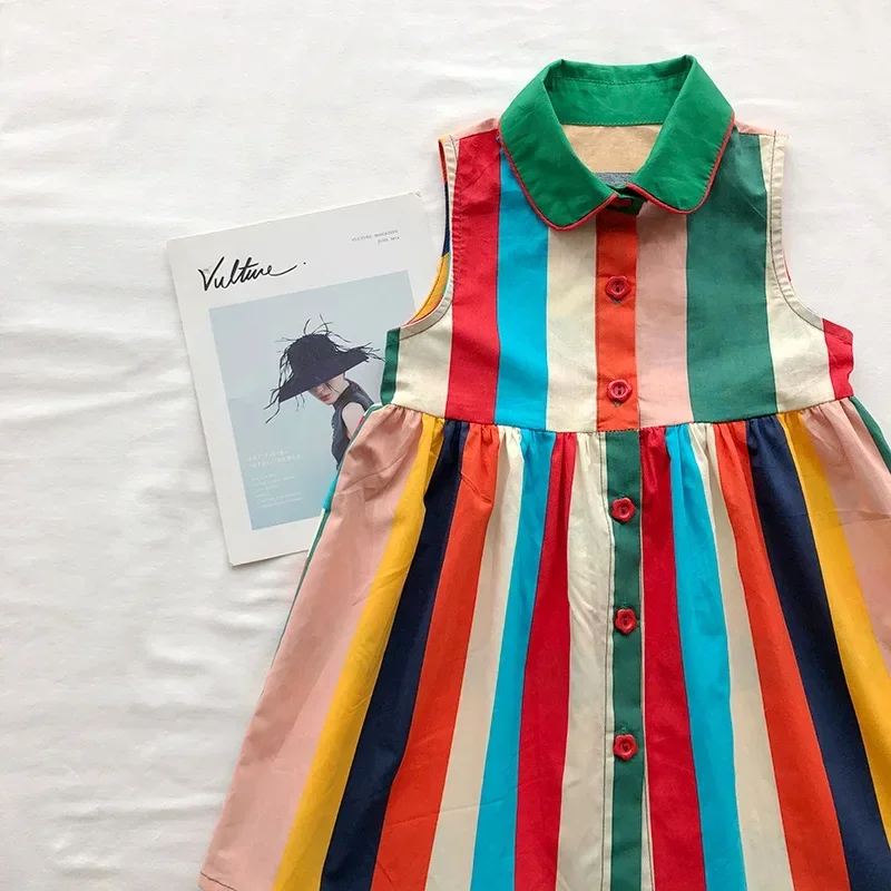 

2-8T Rainbow Girls Striped Dress Elegant Toddler Kid Baby Girl Summer Clothes Sleelveless T Shirt Dress Streetwear Outfit