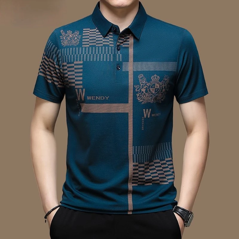 Fashion Men\'s Business Polo Shirts Male Printing Turn-down Collar Tee Tops