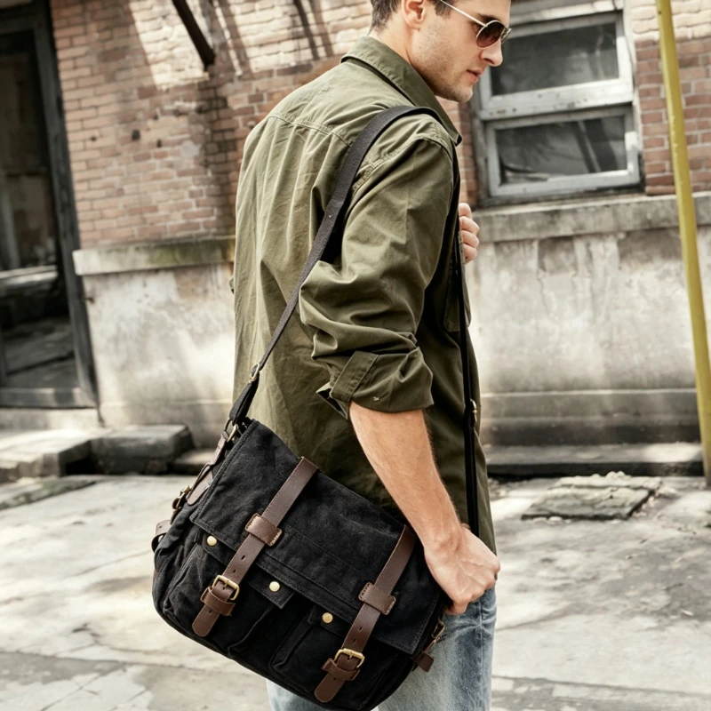 Premium Canvas Shoulder Bag for Men, Large Capacity Leather Trim Crossbody, Casual Durable Scratch-Resistant for Daily Travel