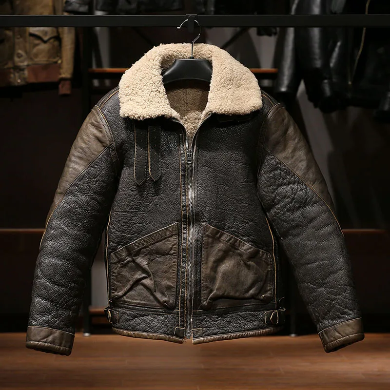 

European High Quality Super Warm Genuine Sheep Leather Jacket Mens Big Size B3 Shearling Bomber Military Pilot Fur Coat