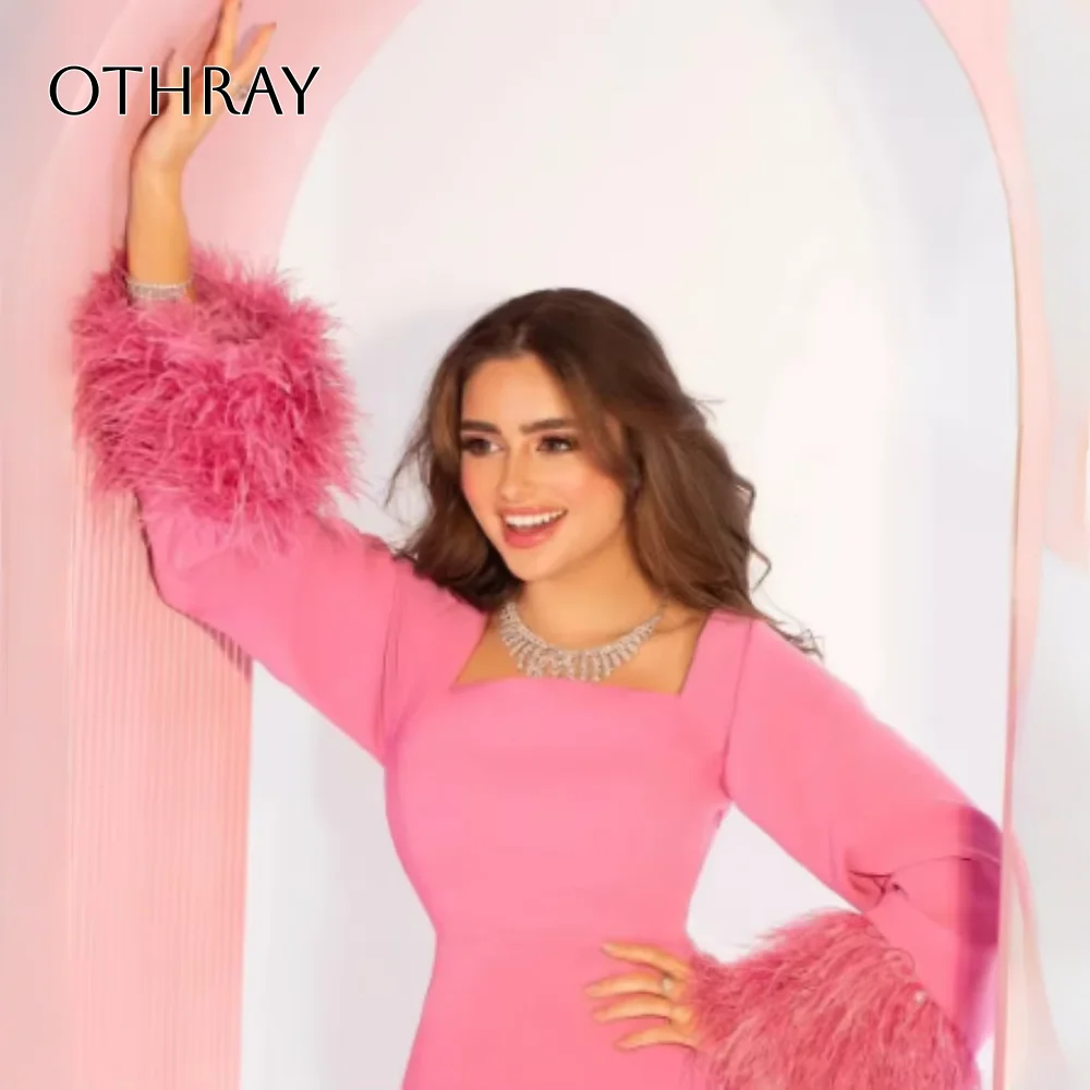 Othray quadrado pescoço manga longa fenda feminino elegante formal festa vestido de noite vestidos de gala rosa vestido de baile penas