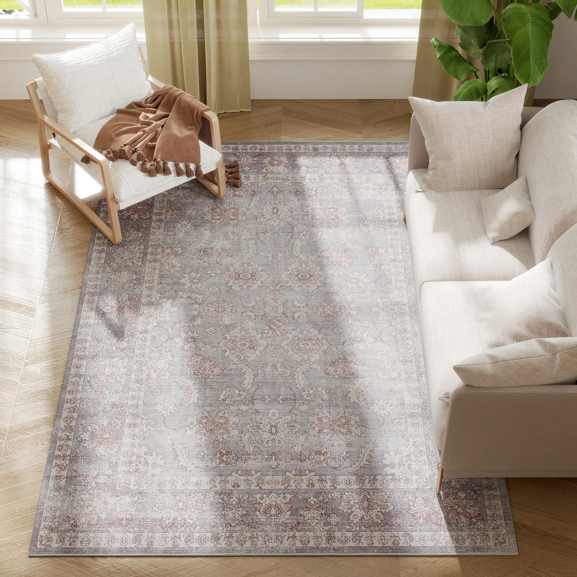 Area Rug 5x7, Machine Washable Rug, Non-Slip Traditional Flower Print Floor Cover Foldable Carpet, Grey and Brown