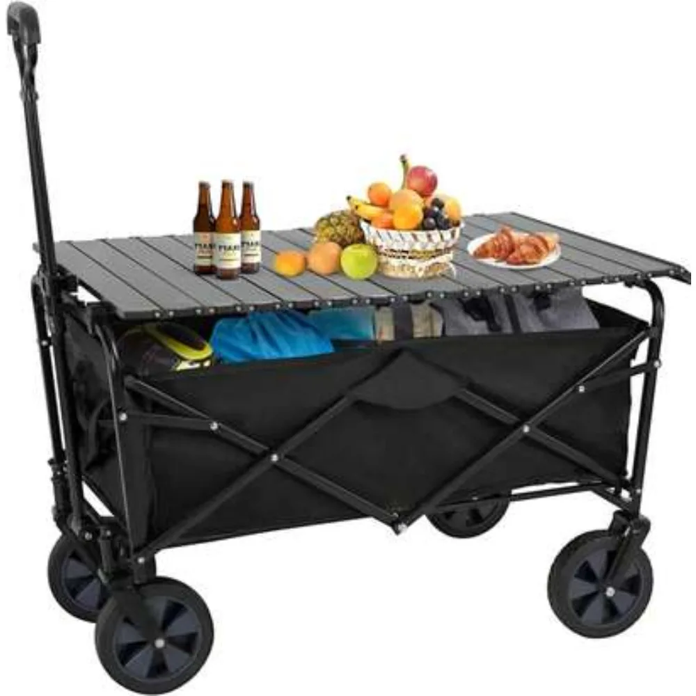 Garden Cart Folding Wagon Collapsible Heavy Duty Utility Cart with Foldable Table Board and Cup Holder 4 Universal Swivel Wheels Adjustable Handle 150 LB Load Capacity for Camping Picnic Beach Outdoor Events Gardening Hauling Shopping Storage Travel
