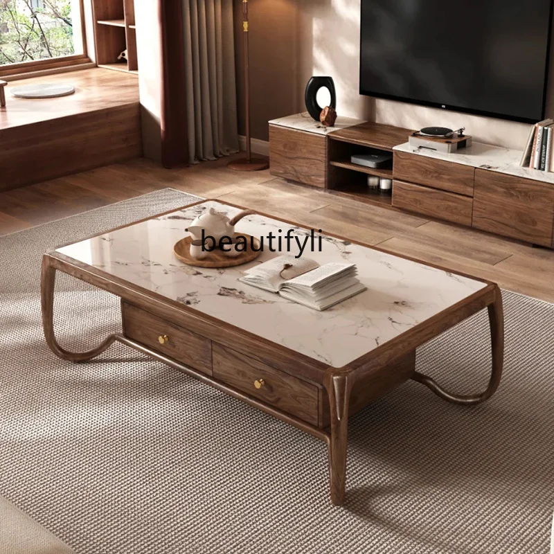 Walnut solid wood TV cabinet coffee table combination living room rock slab storage table