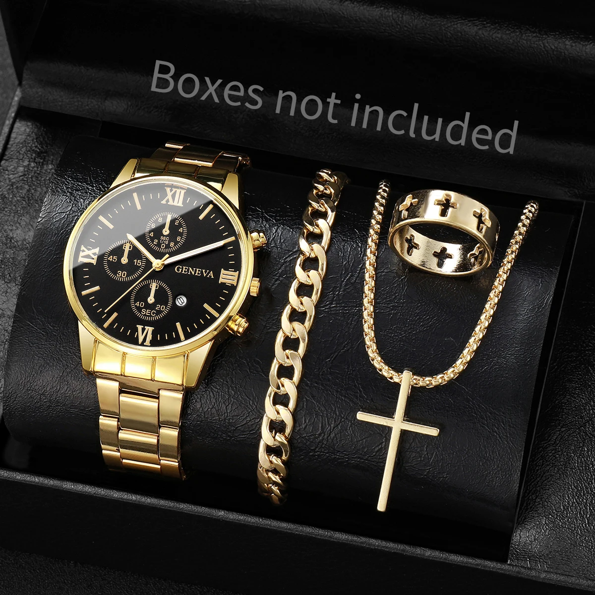 4pcs/set Men's Trendy Watch Bracelet Necklace Ring Set Hip Hop Style Casual Men's Cool Quartz Watch Set (No Box)