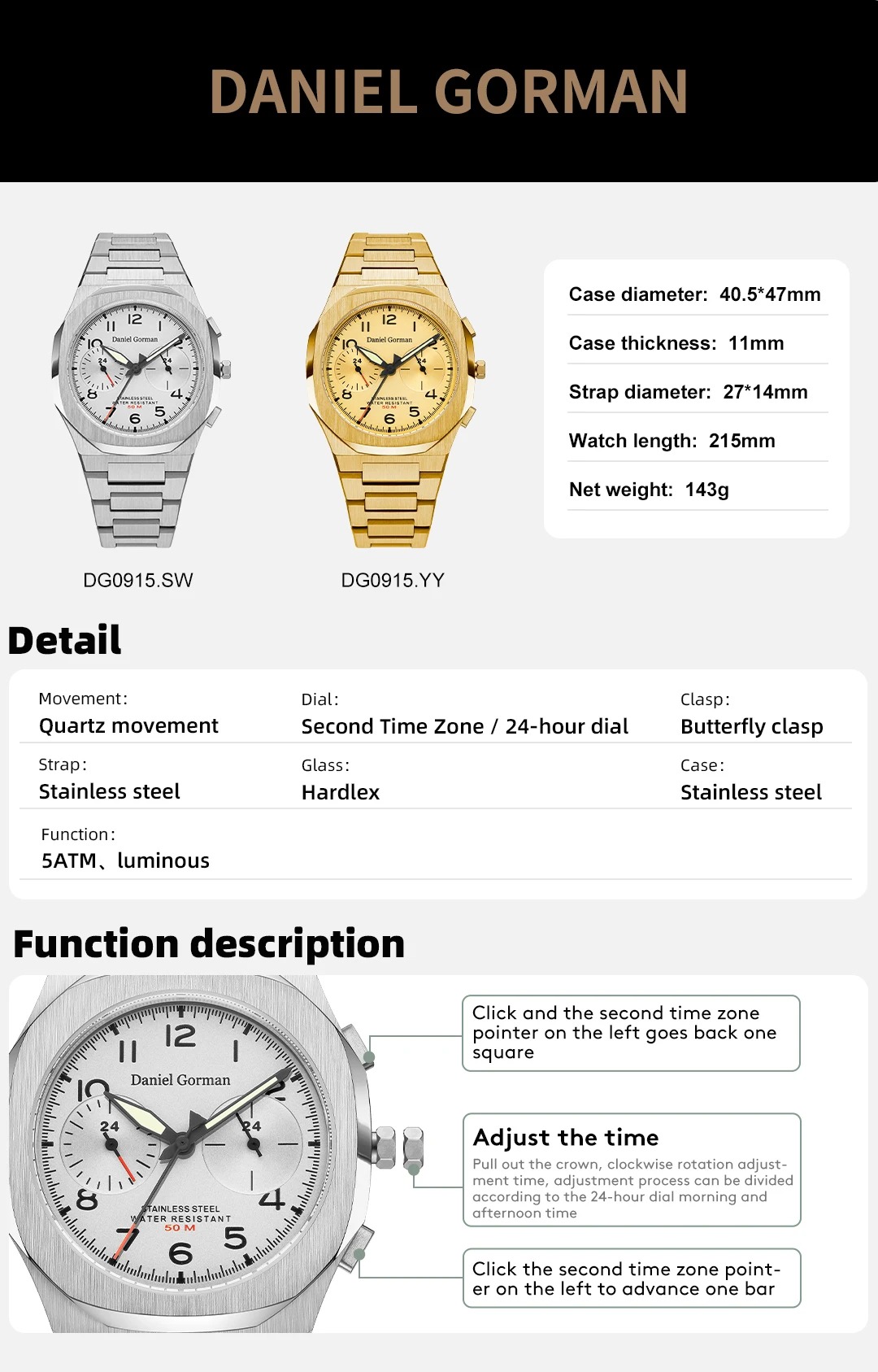 

Мне очень нравятся классические часы 40 мм с японским кварцевым механизмом VD32, водонепроницаемостью 50 м, золотистым покрытием и корпусом из нержавеющей стали, 2026 Daniel Gorman Nice.