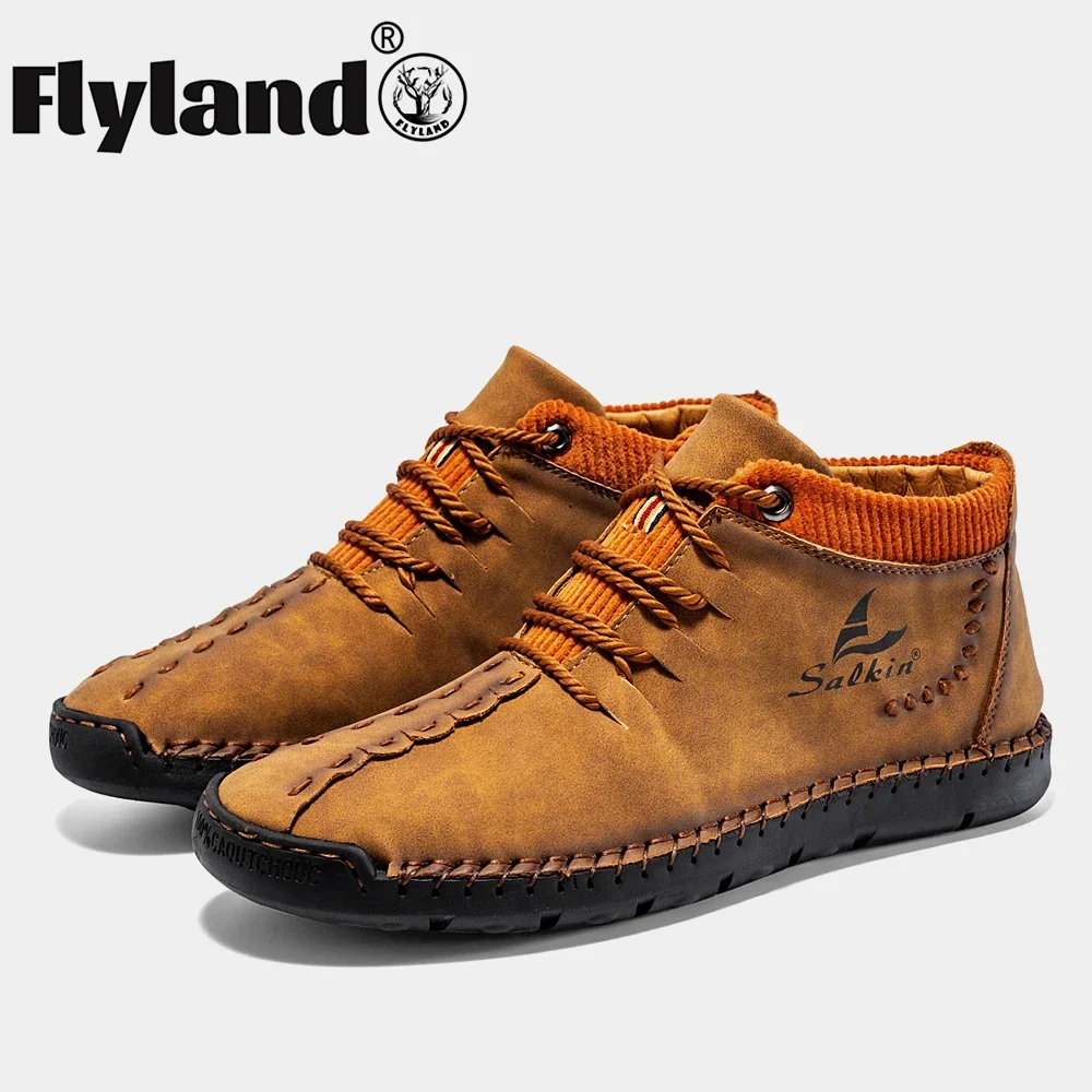 FLYLAND Men's Casual Leather Shoes High Quality Split Leather Comfortable Ankle Boots Men Warm Boots Outdoor Sneakers for Men