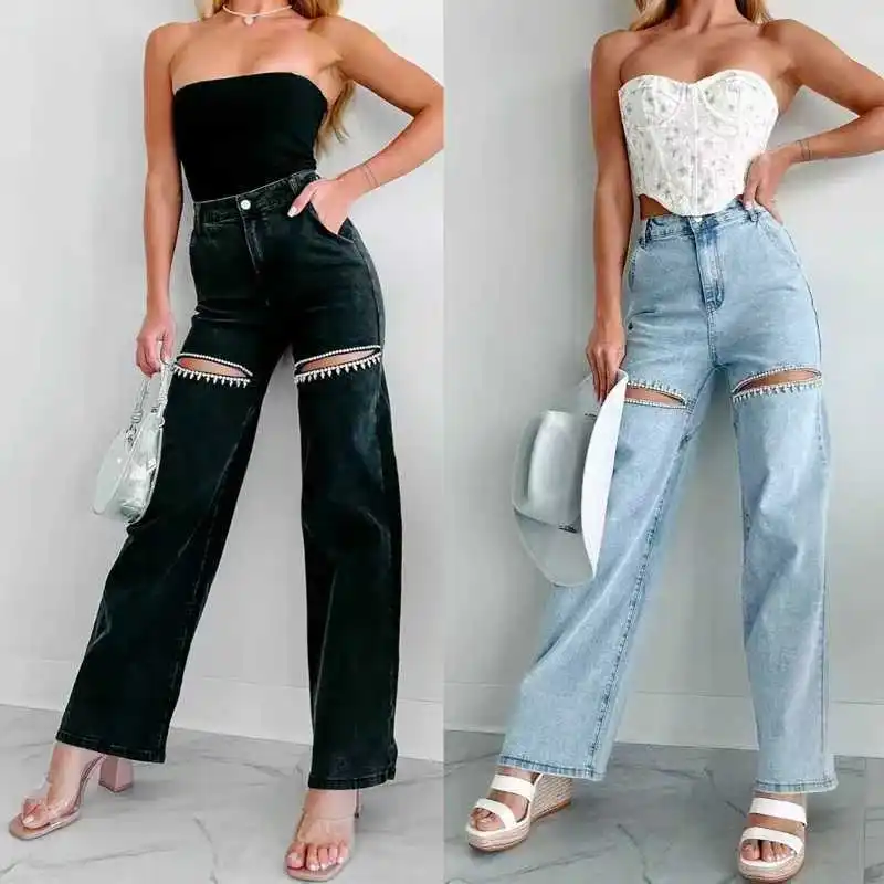 Sexy Diamant Holle Hoge Taille Jeans Vrouwen Modieuze Casual Broek Elegante Slanke Knoop Gat Rechte Pijpen Broek Streetwear Vrouwen