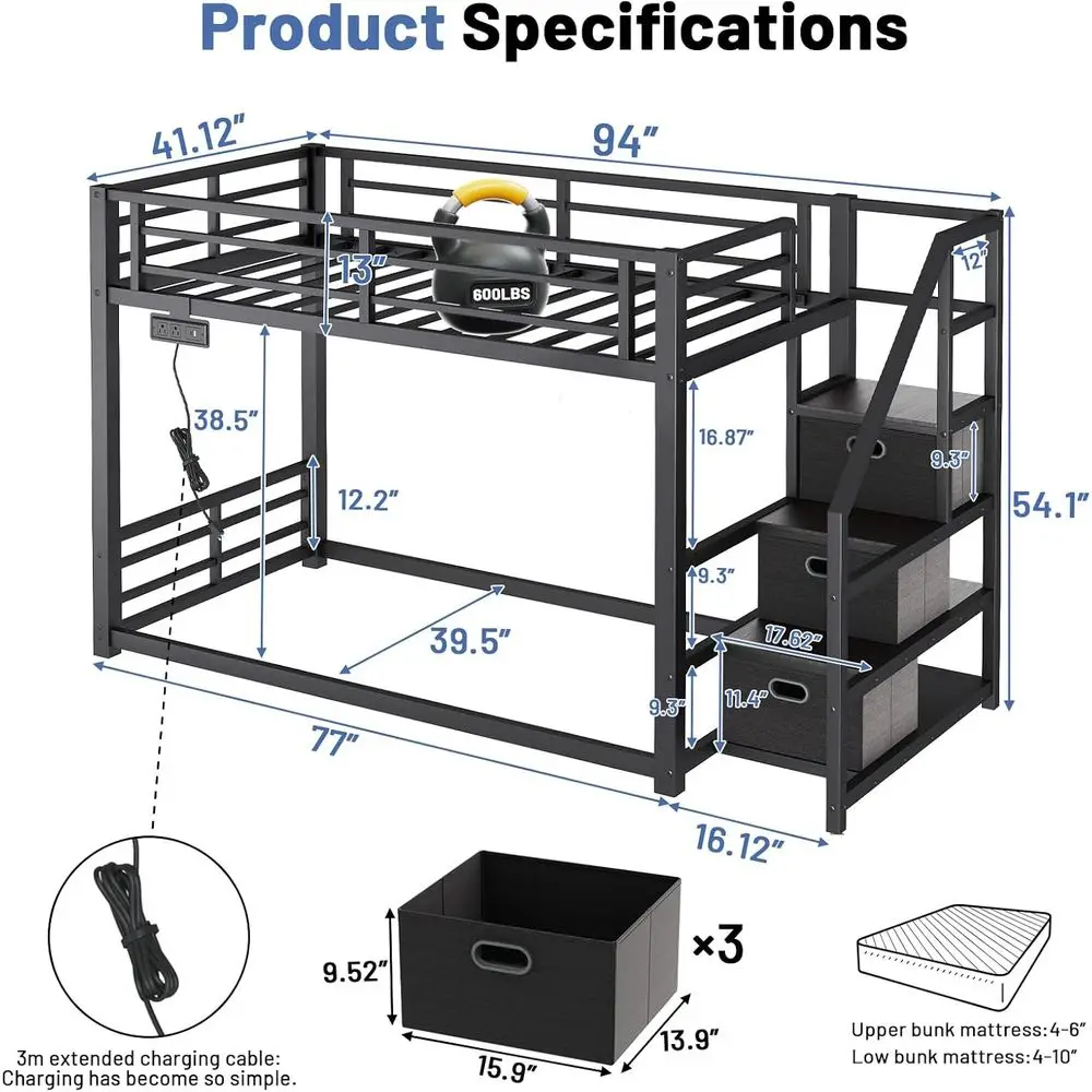 Space-Saving Twin Bunk Bed with Storage, Desk, Shelves, Power Outlet, LED Lights, Safety Rails & Metal Slats - Black view 2