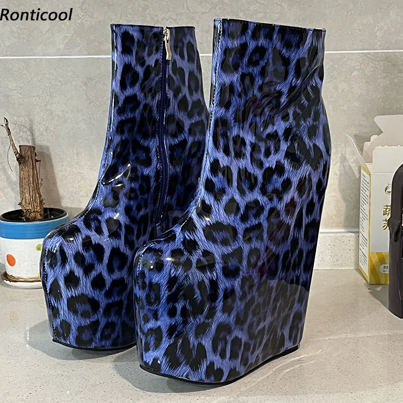 Ronticool Women Winter Ankle Boots Shiny Wedges High Heels Round Toe Blue Leopard Cosplay Shoes Ladies Plus US Size 5-15