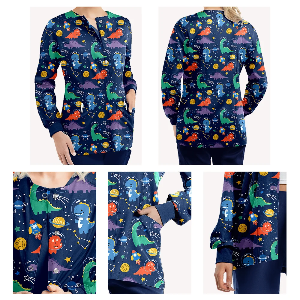 여성 간호사 유니폼, 버튼 프론트 포켓 달린 스크럽 재킷, 의료 작업복, 수술 가운, 의사 병원복