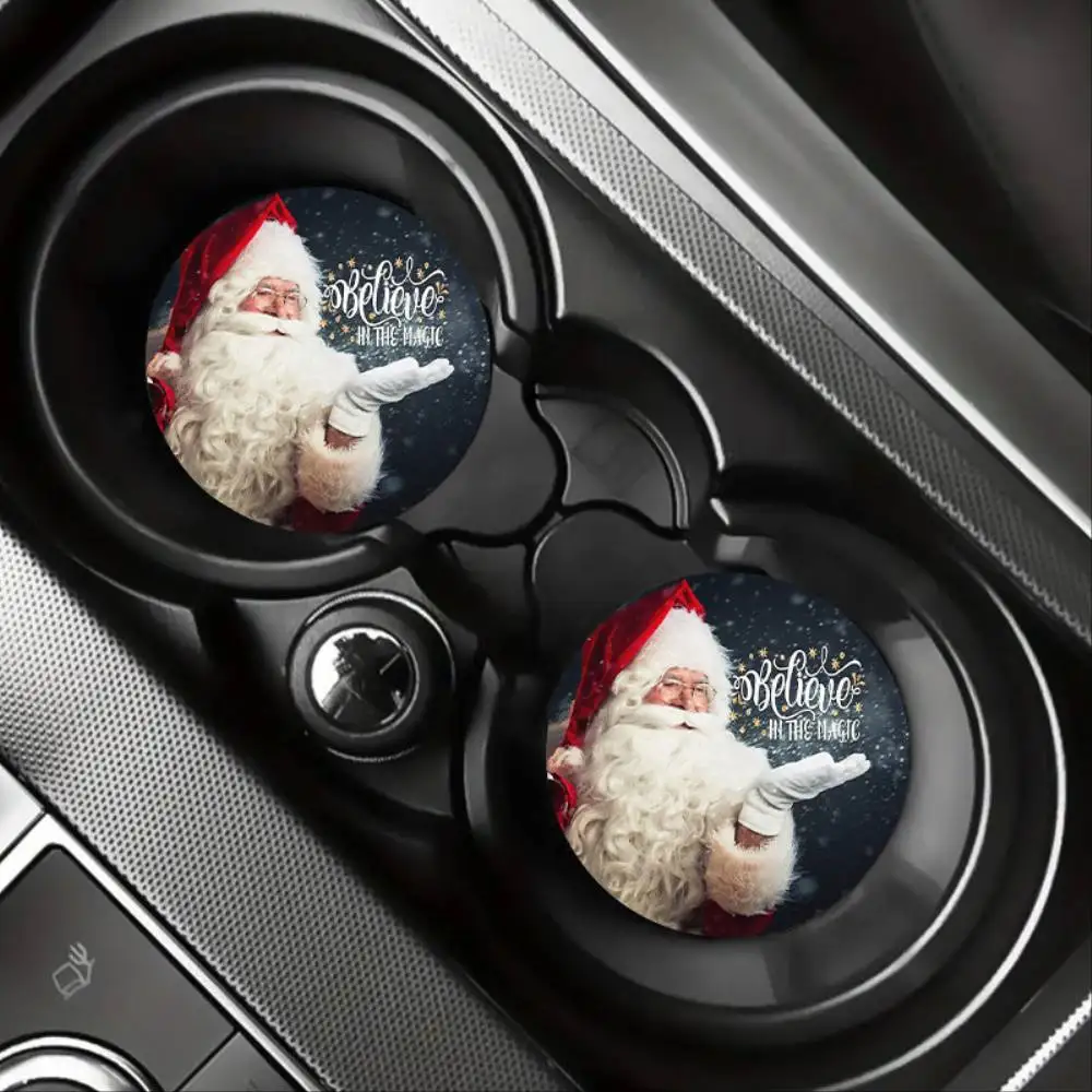 Santa Claus Car Coasters Round Cup Mats Christmas Car Interior Decor & Holiday Gift