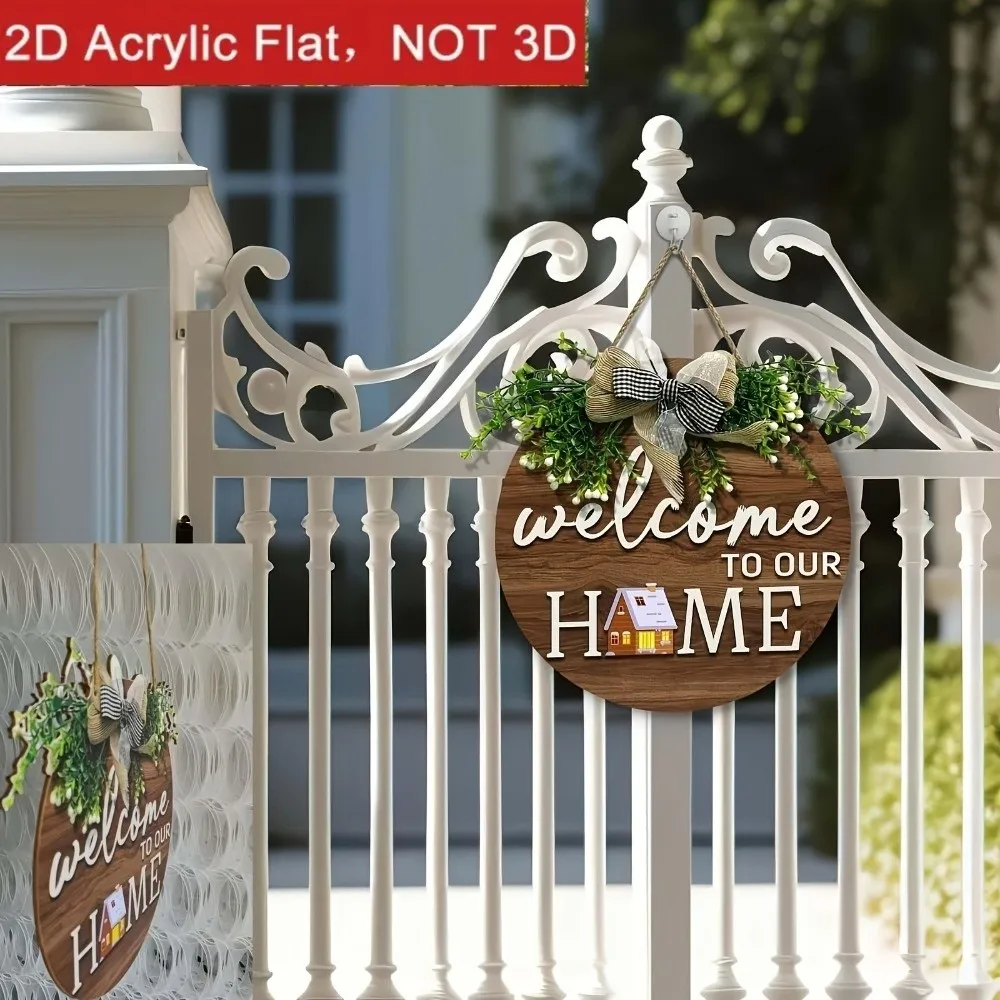 New 2D Flat 2D Round Welcome Sign Retro Style Warm Home Round Doorplate Hanging Wooden Board Front Door Decor