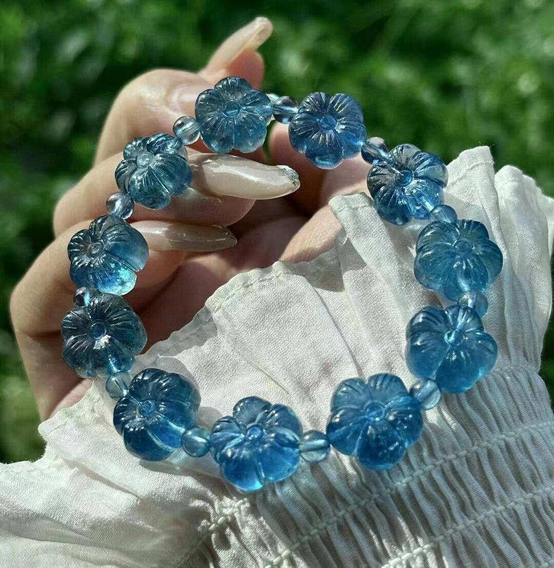 Natural Blue Aquamarine Clear Flower Beads Bracelet 13mm Women Men Brazil Stretch Blue Aquamarine Jewelry AAAAA