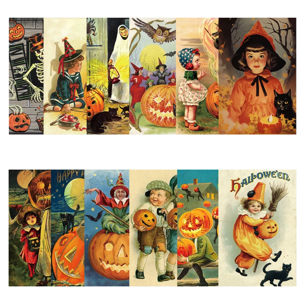 12pc Halloween Vintage Greeting Card with Envelopes Retro Pumpkin Cat Invitation Postcard Blank Note Cards Halloween Party decor