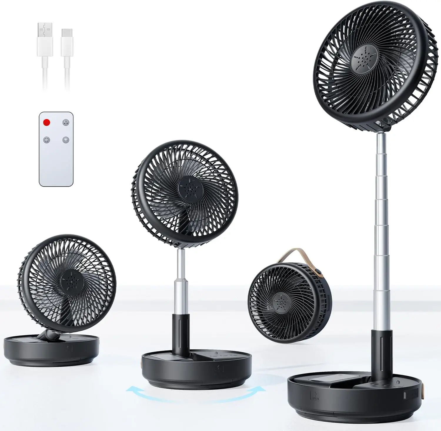 

Портативный осциллирующий вентилятор для путешествий, перезаряжаемый USB-вентилятор для пола, стола и рабочего места с аккумулятором 10400 мАч, пультом дистанционного управления и 4 скоростями.