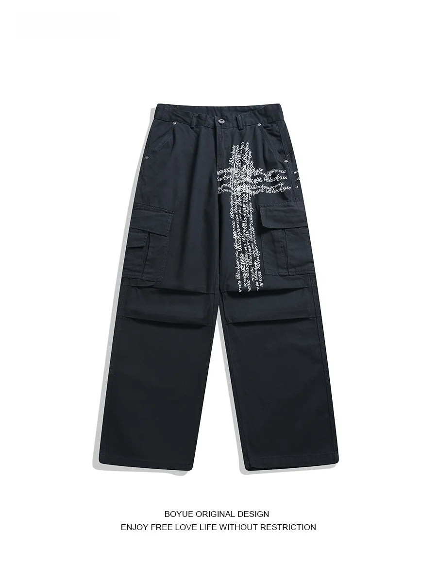 

Boyue Double-Sided Letter Print Pleated Large ket Work Trousers Street Dance Casual Wide Leg Pants for Men