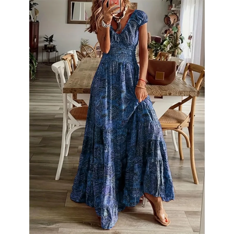 Sukienki maxi damskie plus size 1XL-5XL, nowe, letnie, vintage, z nadrukiem, codzienne, z dekoltem w serek, krótkim rękawem, elastyczną talią, długie sukienki damskie.