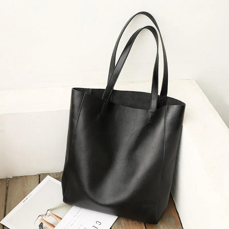 Genuine Leather Women Bucket Handbag High Quality Shopping Totes