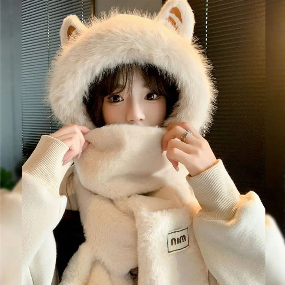 طقم وشاح وقفازات قبعة قطيفة سميكة للنساء ، قبعات قبعات ، حماية للأذن ، تدفئة الرقبة ، تدفئة ، في الهواء الطلق ، الفتيات ، الشتاء ، لطيف