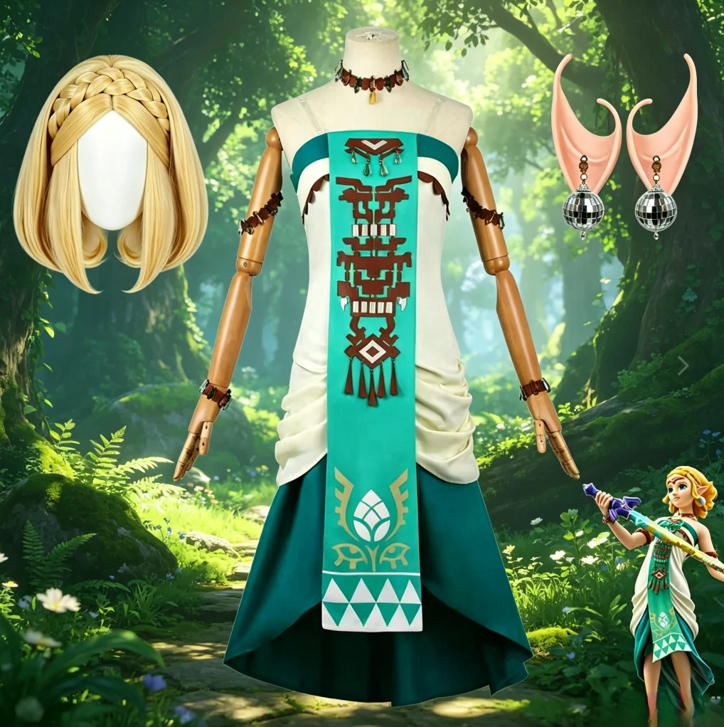 High Quality Printed Elf Princess Cosplay Costume Full Set For Women Halloween Carnival Party