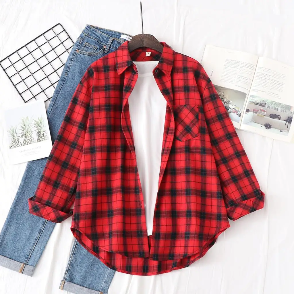 2023 New Loose Casual Women Plaid Shirt Fresh College Style Long Sleeve Blouses And Tops Ladies Fine Flannel Check Shirt Clothes