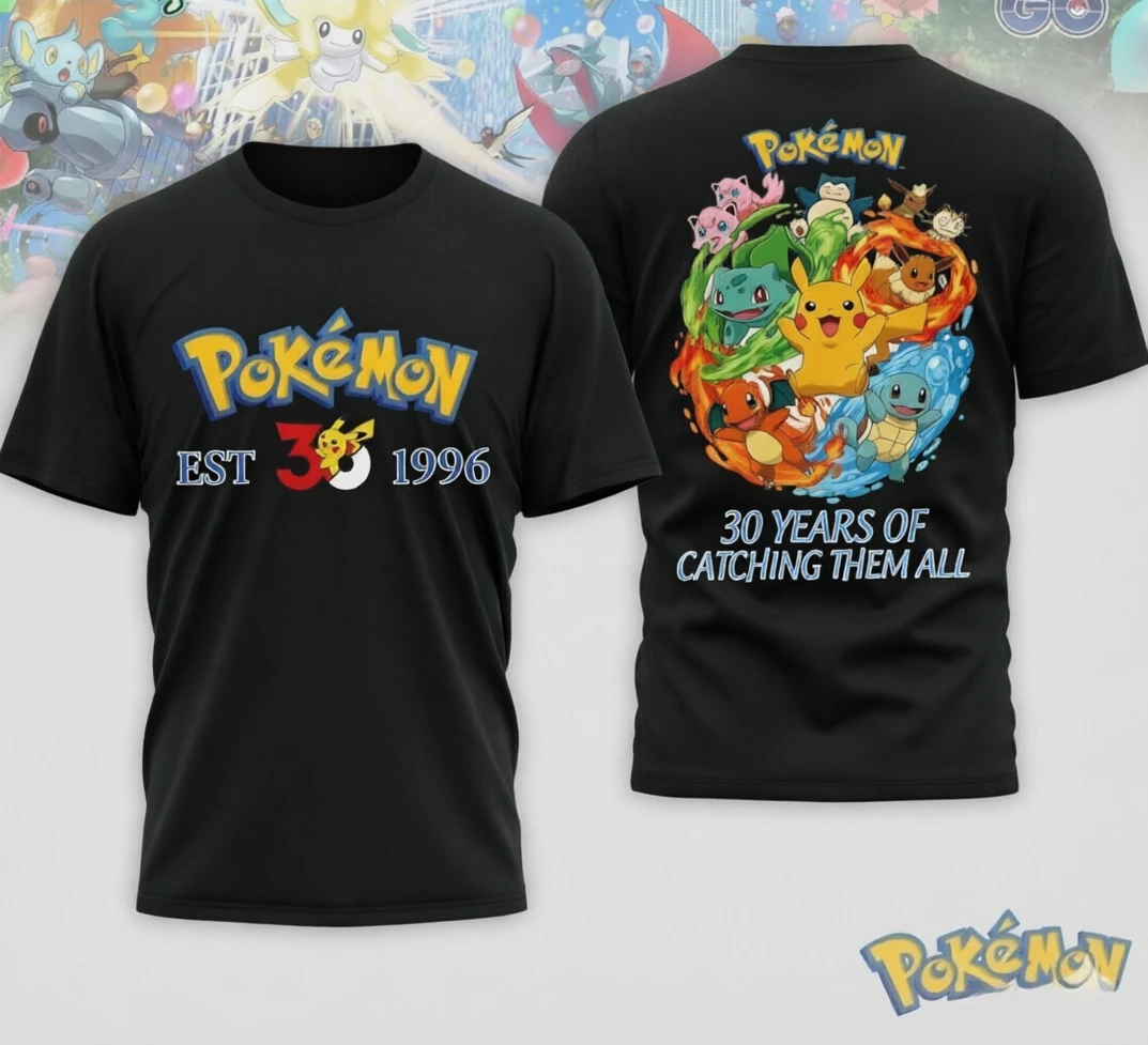 Pokemon 30th Anniversary EST 1996 T-Shirt, doppelseitiger Druck, 100 % Baumwolle, Anime, lässig, kurzärmelig, Unisex-Oberteile