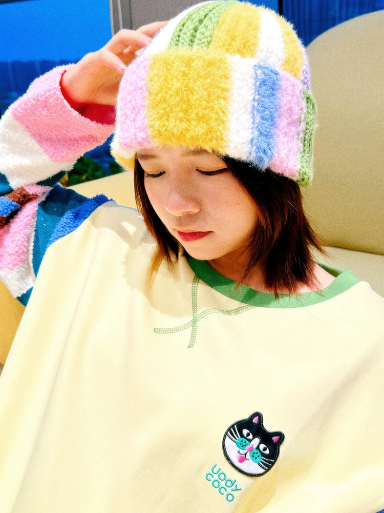  Striped Knitted Woolen Hat Women's Autumn Winter Warm Earflap Hat Fashionable Face Slimming  Knit Cap