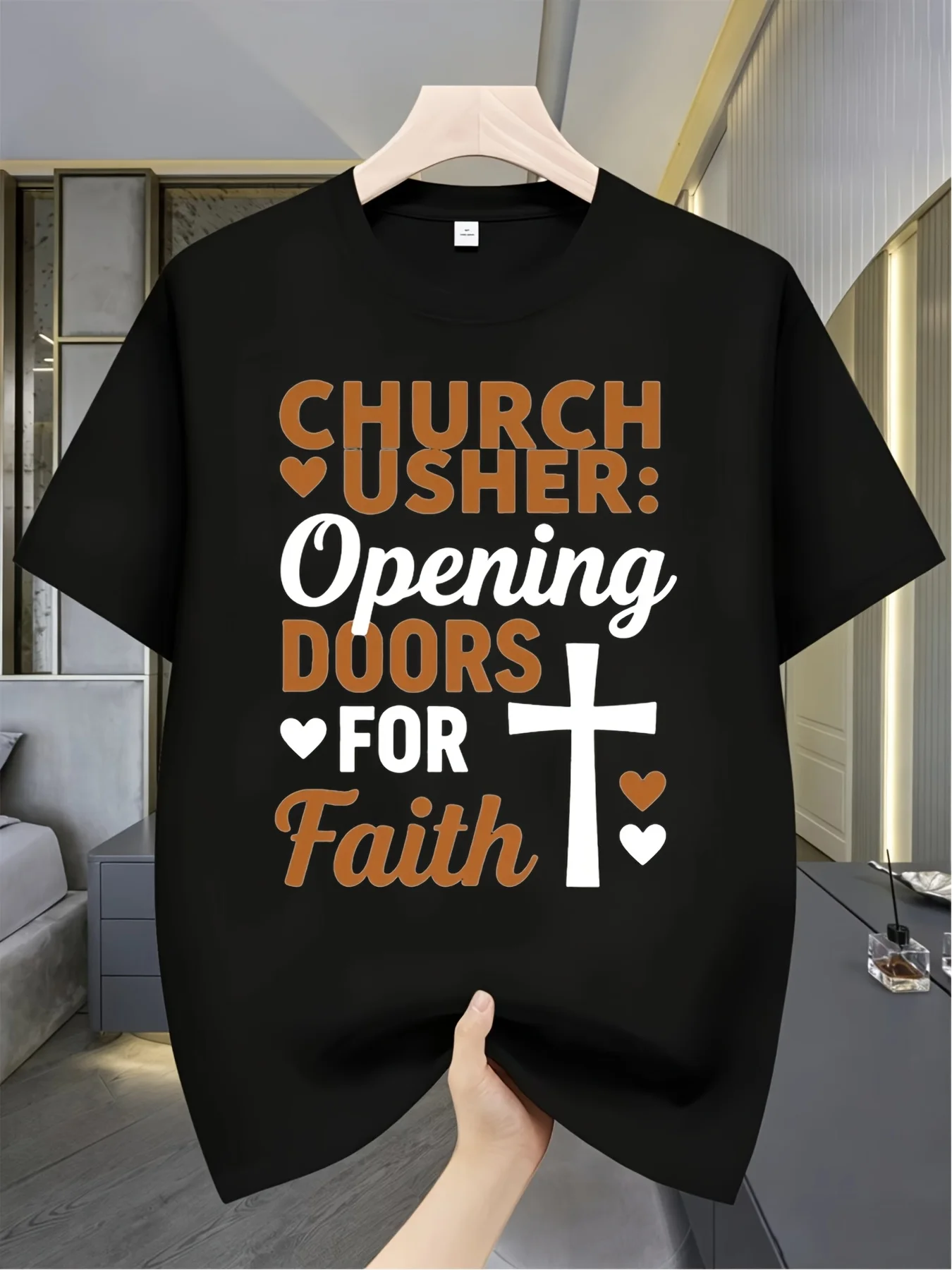 Men's Women's Church Usher Opening Doors for Faith Christian Graphic T- Shirt 100% Sm Heavyweight Retro Round Neck Short Sleeve, with Golden Religious Design, Church Worship Apparel_cro Funny Graphic Tees Perfect Gift Idea for Birthday Holiday