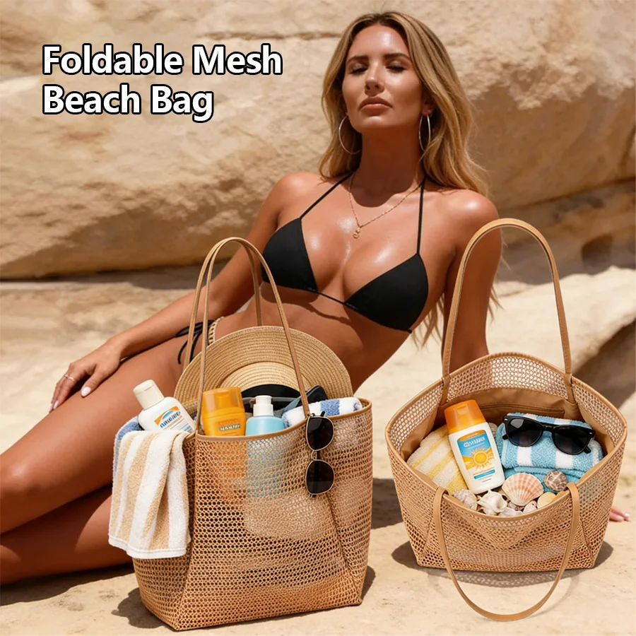 

Women's Casual Foldable Mesh Beach Bag, Made of Nylon, Wide Strap Shoulder Bag with Zippered Inner Pocket, Perfect for Beach