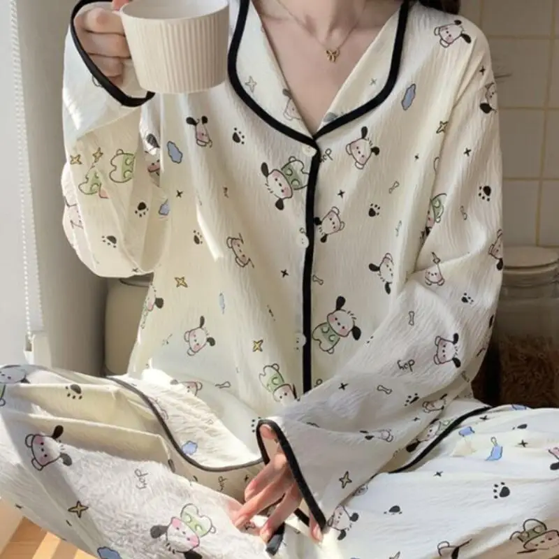 

Sanrio Hello Kitty женский кардиган пижамы Kawaii мультфильм для молодых девушек осень с длинными рукавами длинные штаны облако хлопок комплект домашней одежды