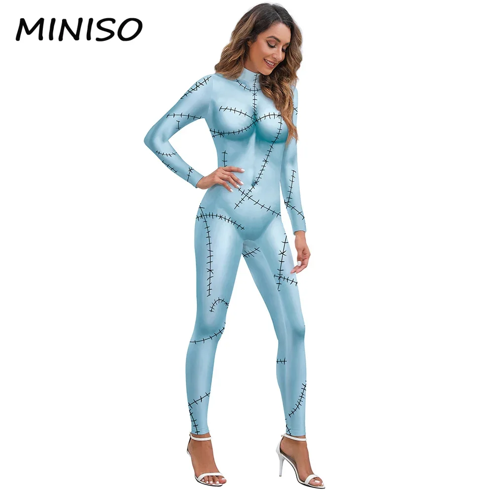 MINISO Disguise Movie Sally Costume Zentai Bodysuit Halloween Cosplay Party Dress Up Woman Gothic Dresses Leggings Jumpsuit