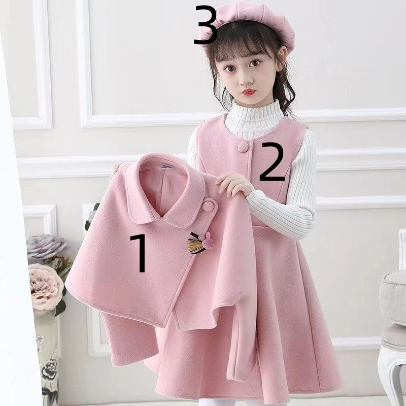 Girl Autumn Winter Dress Set Ethnic Style Little Girl three Piece Woolen Dress Performance korean Children\'s Clothing