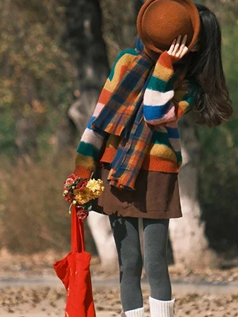 Suéter de Punto con Cuello en V Estilo Coreano de Moda, Rayas Arcoíris, Estilo Universitario Informal, Combinable con Todo, E...