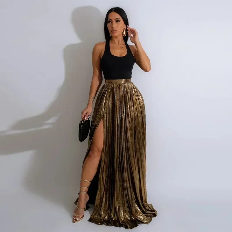 

GUWU Women Fashion Spring High Side Split Big Swing Pleated Floor Length Skirt High Waist Street Party Long Maxi Skirts