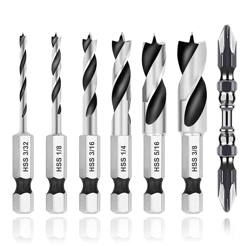 6pcs Three-point Drill Bits With Screwdriver Bit Set 1/4Inch Hex Shank Woodworking Drill Bit 3/32