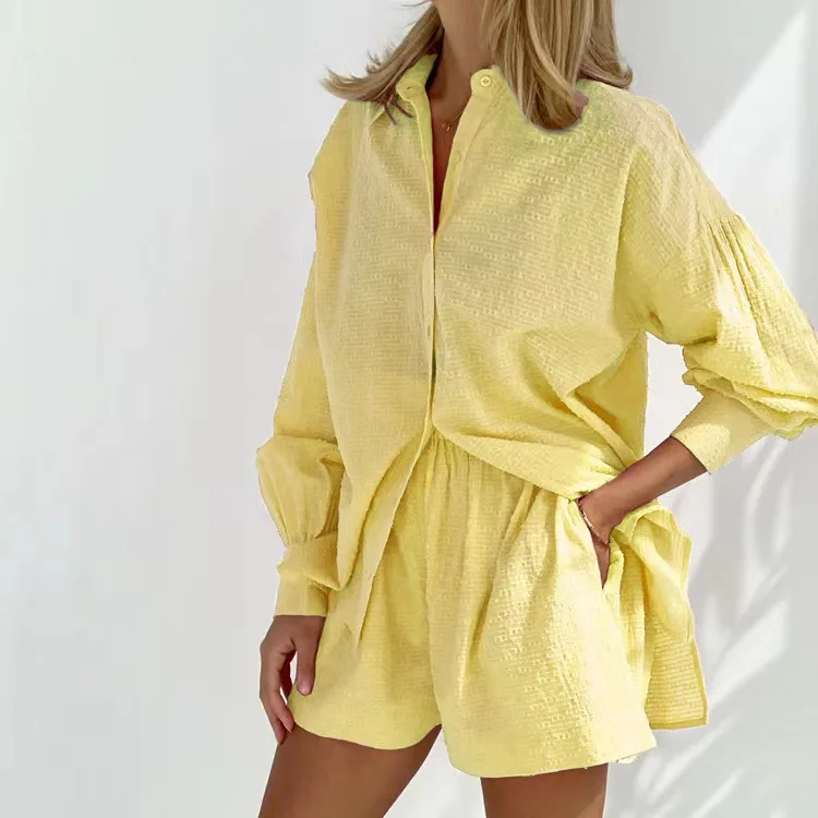 

Women's Spring/Summer 2025 New Collection 100% Cotton Elegant Jacquard Yellow Loose Back Shirt Two-piece Set Loose Shorts Set