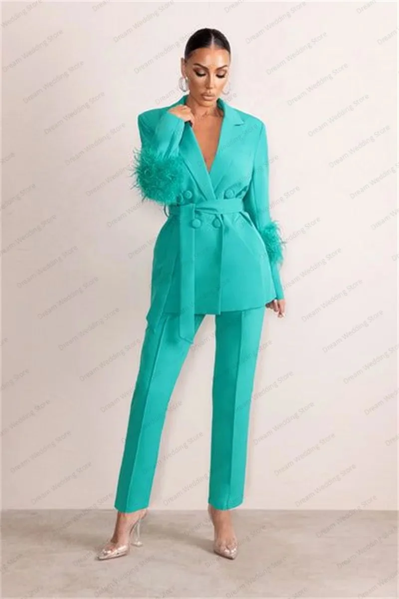 Sky Blue Women Suits Pants Set 2 Pcs Blazer+Trousers Ostrich Feather Jacket With Belt Custom Made Fashion Prom Dress Coat