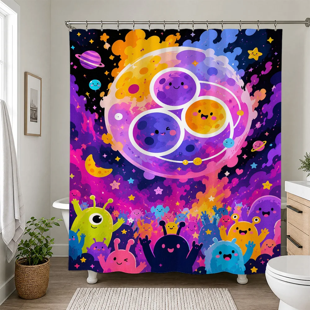 Vibrant Galaxy Planets Shower Curtain Fun Space Cosmic Kids Bathroom Decor Bright Colorful Nursery Shower Curtain