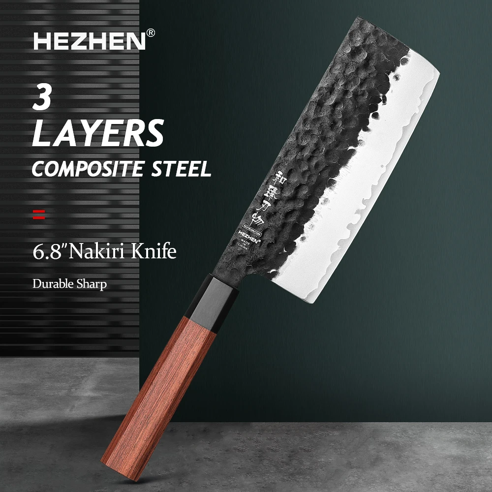 HEZHEN 6,8" Nakiri-Gemüsemesser – Klinge aus Verbundstahl im japanischen Stil mit rotem Holzgriff