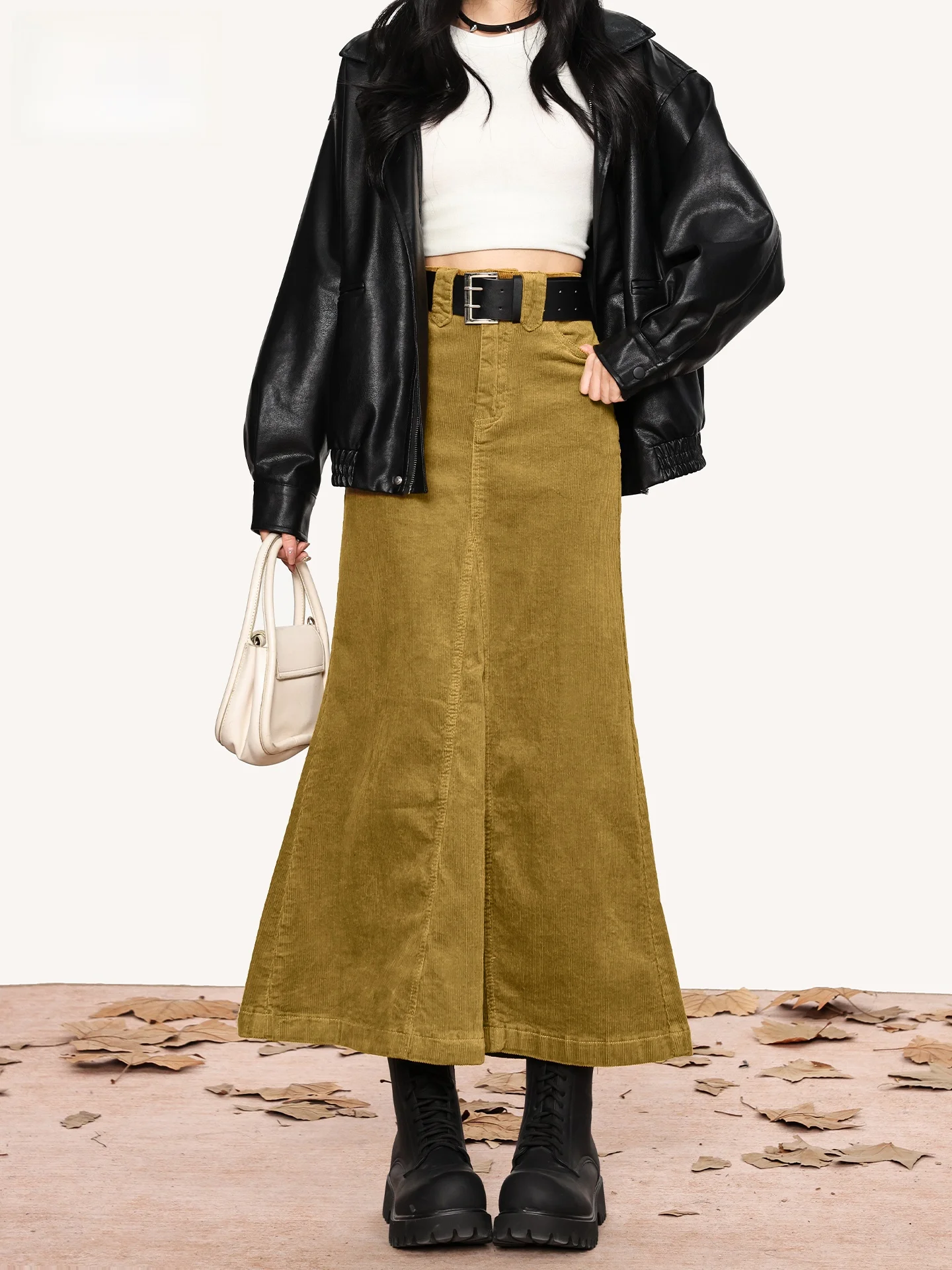 Yellow Corduroy Fish Tail High Waist  Skirt Women's New 2026 Summer Elegantly  Lazy Design Long Skirt