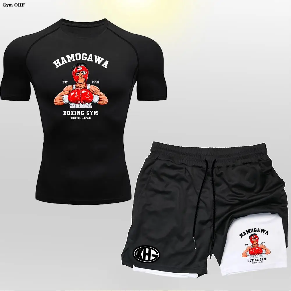 Anime 2 in 1 Shorts Men Sport Suit Rashguard Running T Shirt Boxing Gym Sets Training Muay Thai Doubie Deck MMA Fightwear