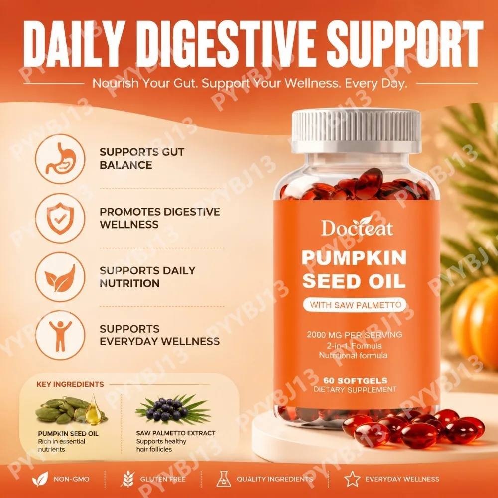 Docteat Pumpkin Seed Oil Softgels with Saw Palmetto Berry Extract for Daily Hair & Scalp Support, 2000mg/Serving, 60 Softgels